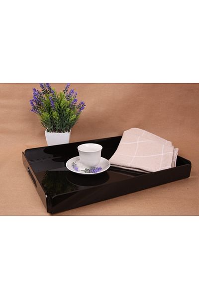 Asfal Black Plexiglass Tray with Handle 35x25 Cm Service, Coffee, Tea, Presentation and Gift Tray 3mm