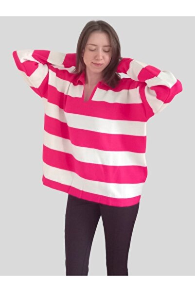 V Polo Yaka Kalın Oversize Triko Kazak - Pembe Beyaz - Standart