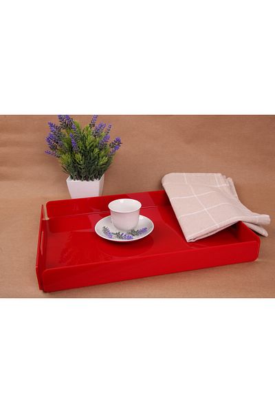 Asfal Red Plexiglass Tray with Handle 35x25 Cm Service, Coffee, Tea, Presentation and Gift Tray 3mm