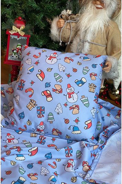 QUEEN AKSESUAR New Year's Blue Snowman Pattern Decoration Carefree Fabric Throw Pillow Cushion Table Bed Cover Set