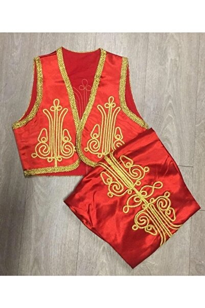 BoncukAVM Işlemeli Kırmızı Saten Yelek Şalvar Yakımı 23 Nisan Kostümü Yöresel...
