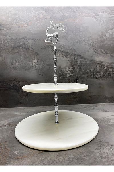 Modestmar Natural Marble Cookie Holder & Cake Holder 2 Layers with Silver Deer Object
