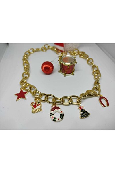 HARMONİ Vıp Seri Yılbaşı Figürlü 5 Charm Altın Sarı Zincir Kolye