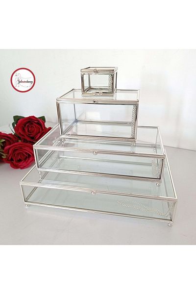 Gelincimherşey Silver Rectangular Covered Four Size Footed Glass Box