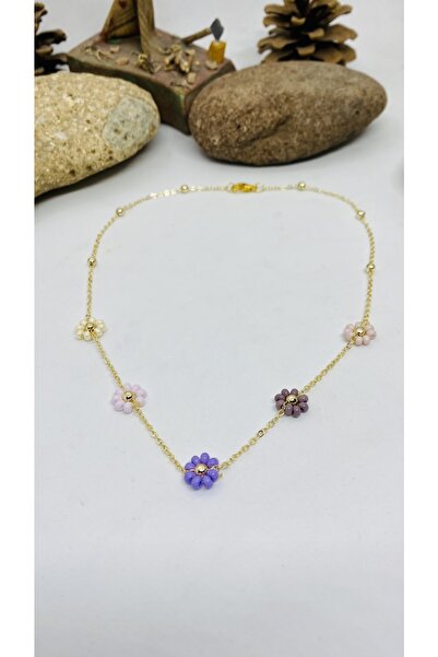 Porsuk Alternatif El Yapımı Lak Kaplama Zincirli Çiçek Kadın Kolye