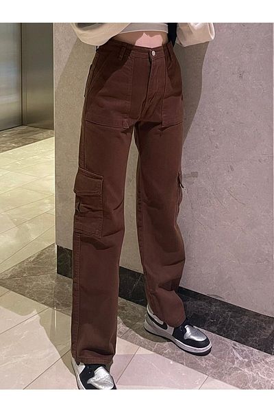 Gofeel Y2k Brown Cargo Unisex παντελόνι με φαρδύ μπροστινό πόδι με λεπτομέρεια