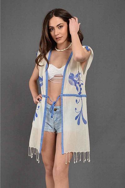 Dosimira Short Gathered Bird Printed 100% Cotton Kimono Pareo / Beach Dress