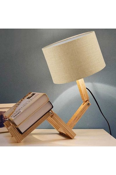 TEKAY AYDINLATMA Sitting Man Lampshade Natural Wooden Movable Body Cream Jute Head with Bookshelf