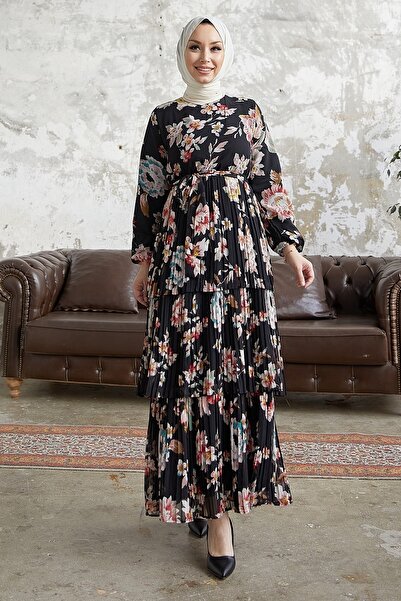 InStyle Alves Floral Waist Belted Pleated Hijab Dress - Black