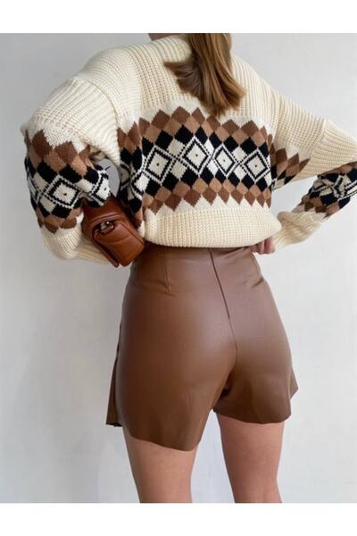 CİZA MODA Taba Düğme Detaylı Mini Deri Şort Etek