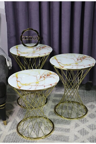Zigonzi 3'lü Zigon Pota Sehpa Takımı Beyaz Sarı Mermer Desenli Temperli Cam -...
