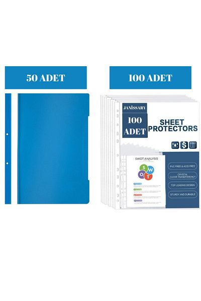 Janissary 100 Pieces of Bag Files, Transparent Paper Protectors - 50 Pieces of Plastic Blue Files with Rings