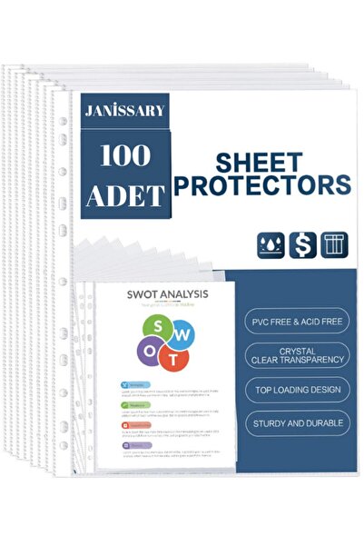 Janissary 100 Adet Poşet Dosya, Şeffaf Kağıt Koruyucu - 50 Adet Telli Plastik Mavi Dosya