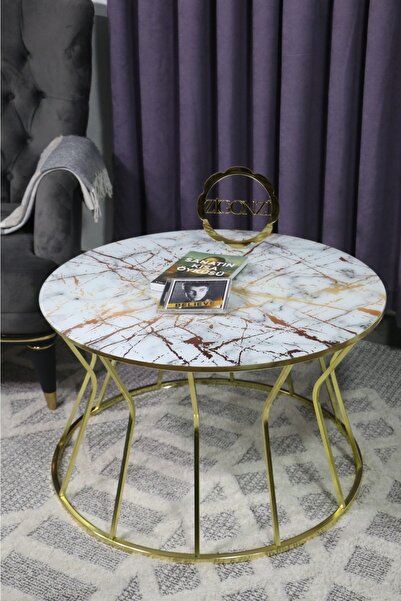 Zigonzi Orta Sehpa - Kum Saati Model - Ebru Desenli Temperli Cam - Gold Ayak