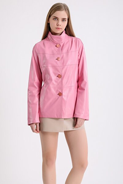 Leather Club Pembe Düğmeli Deri Kaban