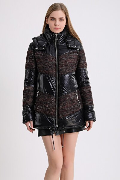 Leather Club Siyah Bordo Kumaş Detaylı Puffer Kaban