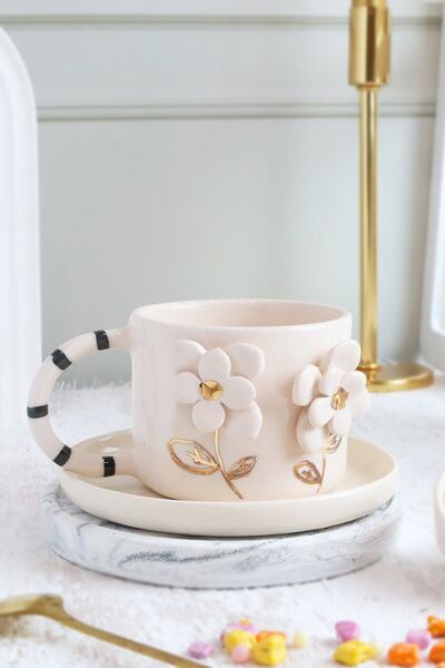 ada mia seramik Handmade Ceramic Mug with Flower Figure and 24k Gold Decorati...