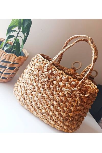 gudelidekor Hasır Bambu Rattan Çanta El Işi Çantası Plaj Çantası Çok Amaçlı Ç...