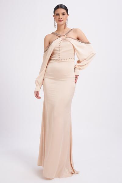 Balizza Blz-boyundan Askılı Kollar Ve Boyunda Taş Aksesuarlı Elbise