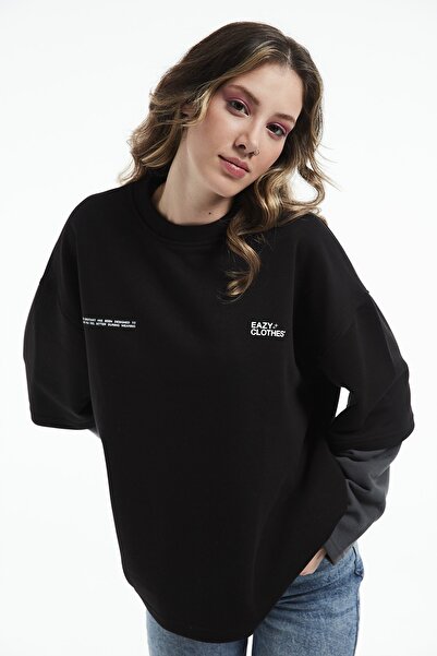 Eazy Co Hanorac gros unisex, negru, cu mâneci duble, oversize, cu gâtul turn