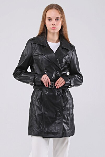 CE-YIL DERİ ÜRÜNLERİ Kadın Hakiki Deri Trençkot