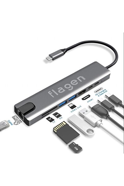 FLAGEN İpad Pro 8 in 1 Ethernet SD USB Type C Hub HDMI Girişli Çevirici