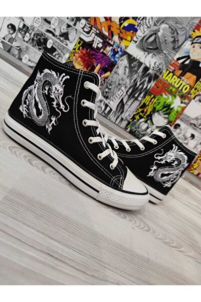 MECH BUTİK Dragon Baskılı Siyah Bilekli Unisex Sneaker Spor Ayakkabı Kadın-er...