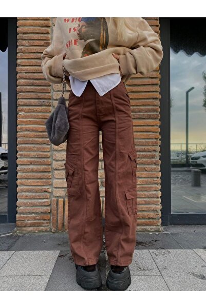 Genel Markalar Y2k Kahverengi Ters Dikiş Kargo Pantolon