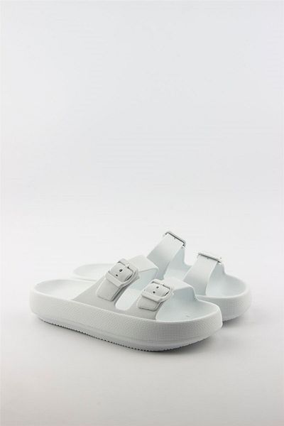 Anıl Ayakkabı Akınal Bella Double Buckle Platform Summer White Slippers