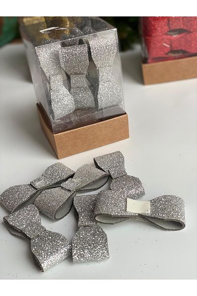 QUEEN AKSESUAR New Year's New Year 15-Piece Shiny Glittery Bow Decoration Pine Tree Package Gift Ornament Boxed Silver