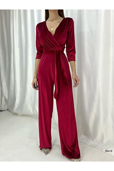 merlavin Women's Red, Wide Leg Belted Velvet Fabric Jumpsuit Dress