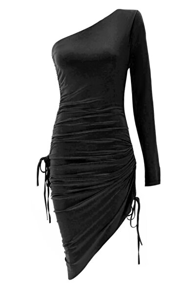 Whenever Company Siyah Tek Omuz Asimetrik Olarak Ayarlanabilir Drapeli Midi abiye elbise