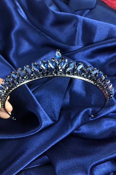 Hobigram Coroană de mireasă Henna cu piatră subțire bleumarin – Coroană, piatră de cristal, model elegant, coroană de mireasă, accesoriu de păr