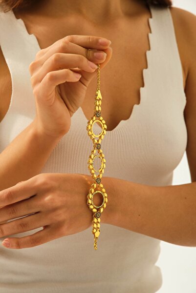 Yıldız Gold İmitasyon 22 Ayar Altın Kaplama 3 Adet Çeyrek Altın Takılabilen Pullu Zincirli Nazar Detaylı Kelepçe