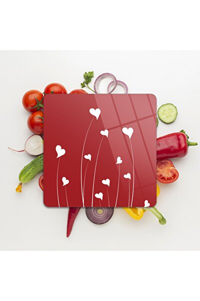 Decovetro Cam Kesme Tahtası Kare Kırmızı Beyaz Kalp Desenli