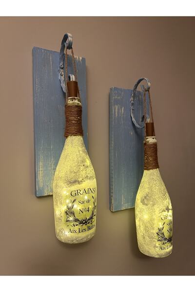 Mes Reves Stopper Fairy LED Lighted Blue Antique Wooden Frosted Glass Champagne Bottle Wall Sconce Set of 2