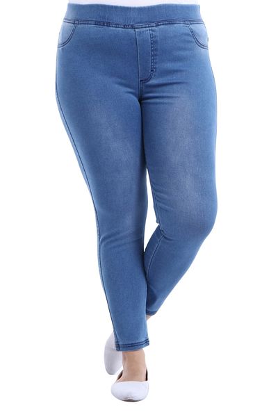 AZEM Women's Jeans Gathering Full Lycra Elastic Waist High Waist Large / Small Size-aBlue