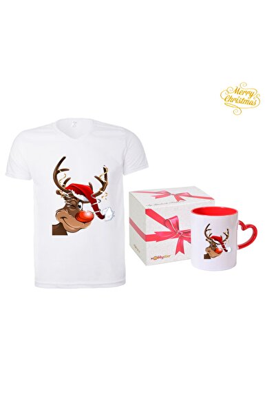 HediyeMania Λευκό χριστουγεννιάτικο μπλουζάκι και κούπα με κόκκινη καρδιά με ...