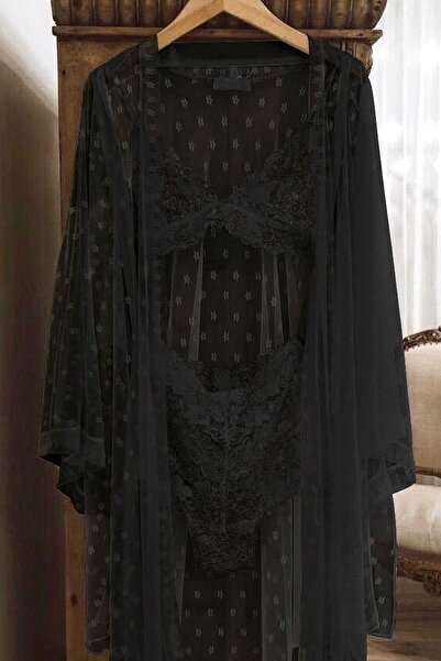 PEMBİŞ HOMEWEAR Jeyna Lace Black 3 Piece Dressing Gown Set