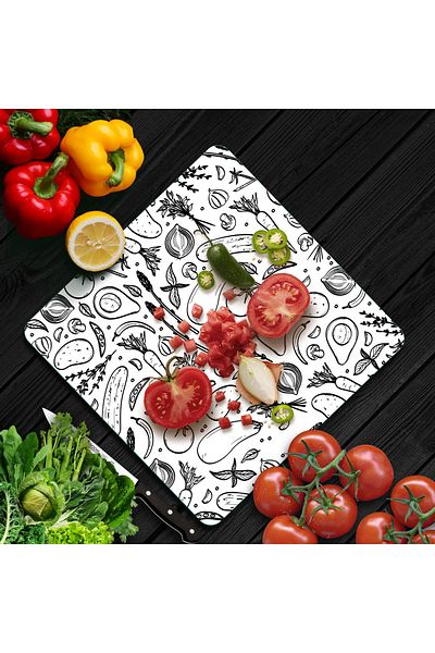 Decovetro Square Patterned Black and White Vegetable Board - Glass Cut