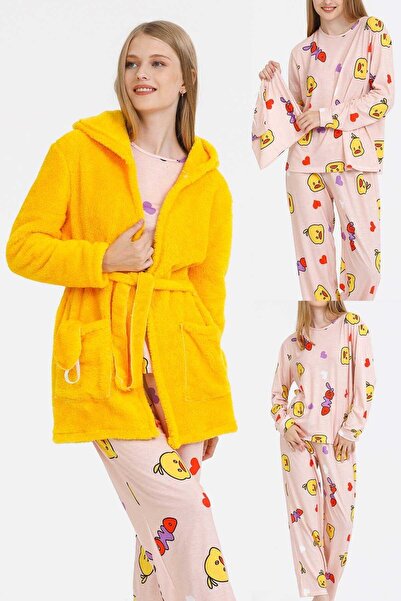 PEMBİŞ HOMEWEAR Nefertiti Yellow Plush Pajamas and Dressing Gown Set - 1786