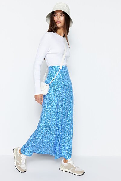Trendyol Modest Kék virágos nyomott viszkóz szőtt szoknya TCTSS21ET0497