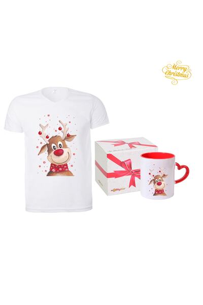 HediyeMania Tricou alb cu design de Anul Nou cu imprimeu și cană cu mâner cu inimă roșie Tricou de Anul Nou unisex