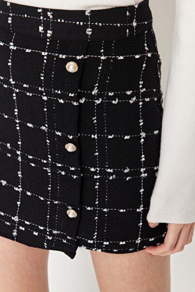 Trendyol Collection A-vonalú Tweed szövet miniszoknya - fekete, gombos részletes TWOAW23ET00371