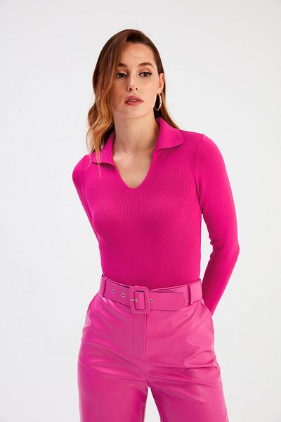 Sateen Polo Neck Sweater - Fuchsia