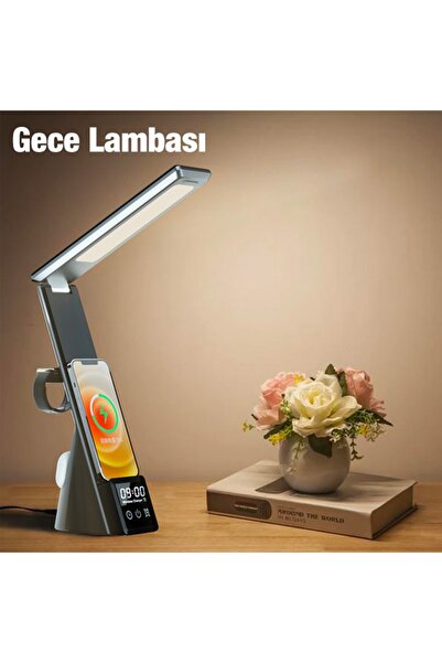 Memo Dijital Saatli 15w Kablosuz Şarjlı Led Işıklı Katlanabilir Masa Lambası Beyaz