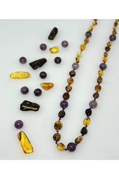 Tesbihci Efendi Damla Kehribar Yetişkin Ametist Tasarım Kolye 45cm