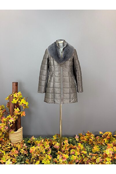 Gri Uzun Tüy Detaylı Kadın Mont 5160