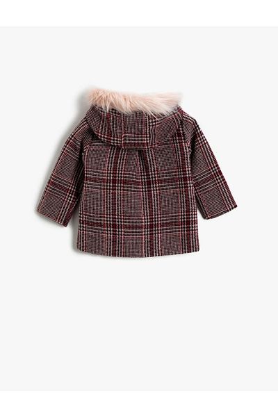 Koton Baby Girl Fur Collar Coat Plaid Hooded Baby Girl Fur Collar Coat Plaid Hooded