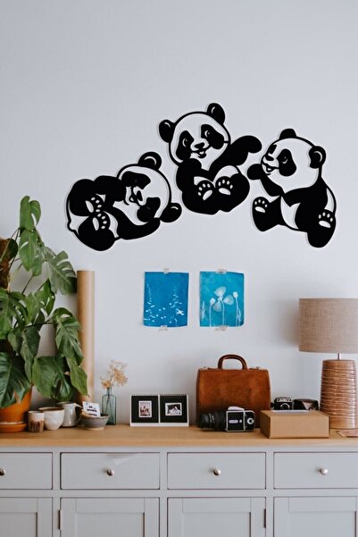 10kdekor Dekoratif Panda 3'lü Ahşap Duvar Tablosu